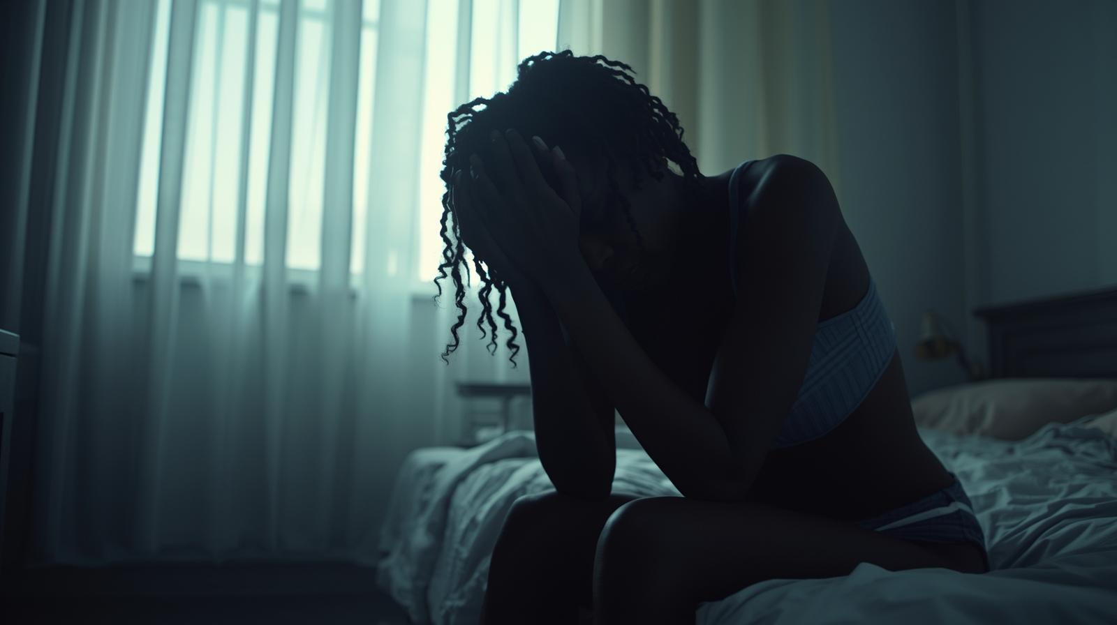 An exhausted african american woman sitting on the edge of her bed at dawn, hands trembling slightly, soft natural light filtering through curtains, muted tones of grey and pale blue, conveying vulnerability and quiet struggle