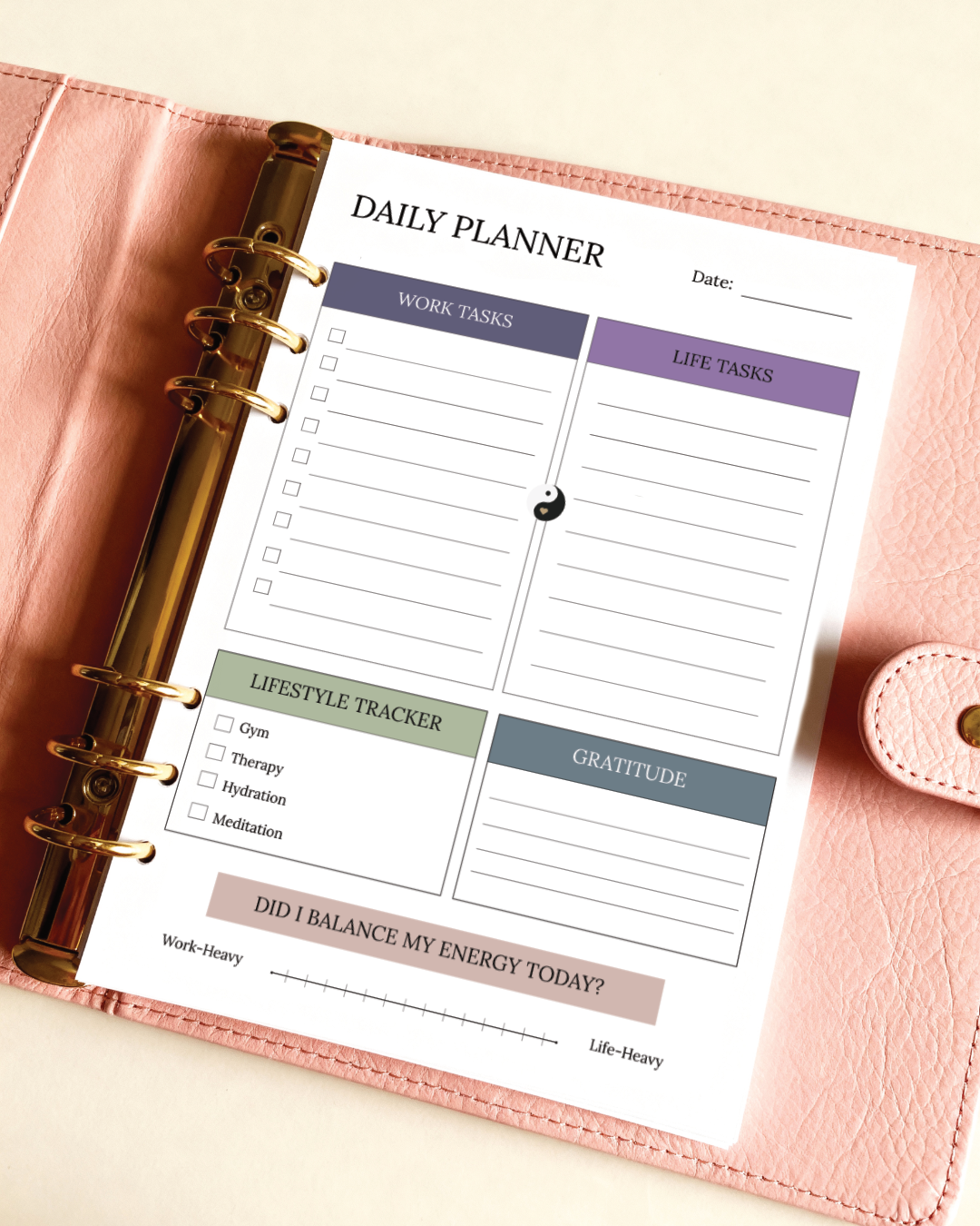 Daily Planner Insert with Work tasks checklist for professional clarity, Life tasks section for personal priorities, Lifestyle tracker (gym, therapy, hydration, meditation)Gratitude prompts to anchor positivity and Energy balance scale to reflect on your day