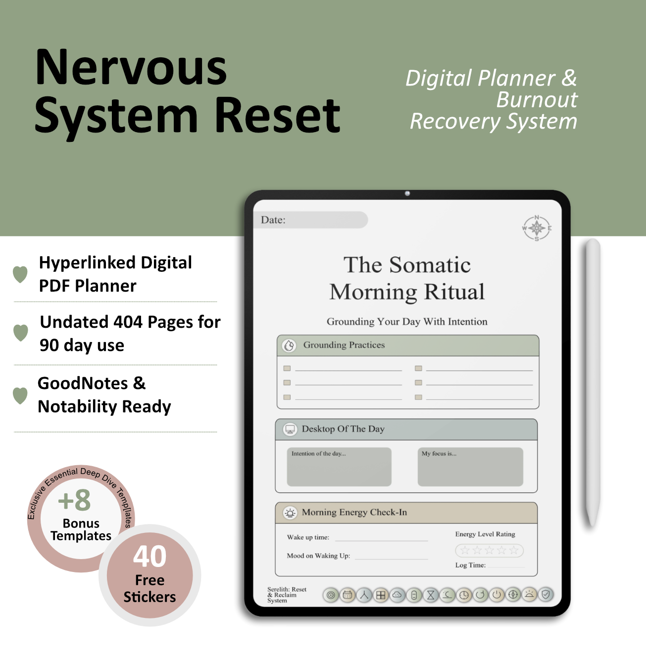 Nervous System Reset Planner | Burnout Recovery Digital Journal | Somatic Self-Care System for GoodNotes | 404-Page PDF