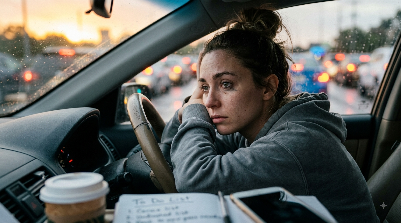 A close-up photo of a tired woman with a messy bun resting her head on her arms in a car, looking out at rain-streaked traffic at dusk, symbolizing running on empty and burnout.